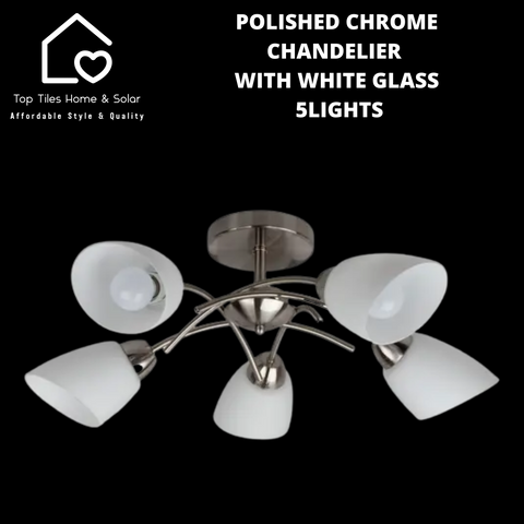 Polished Chrome Chandelier with White Glass - 5 Lights