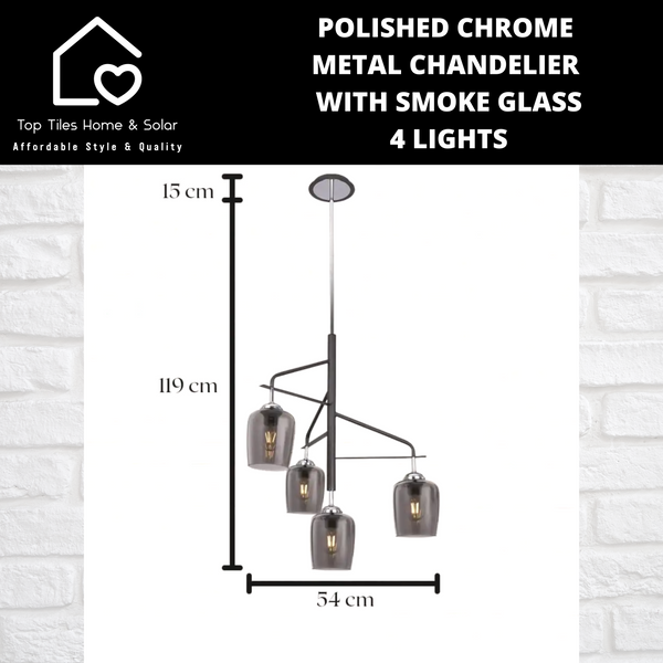 Polished Chrome Metal Chandelier with Smoke Glass - 4 Lights