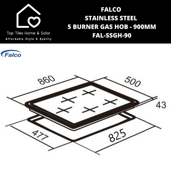 Falco Stainless Steel 5 Burner Gas Hob - 900mm FAL-SSGH-90