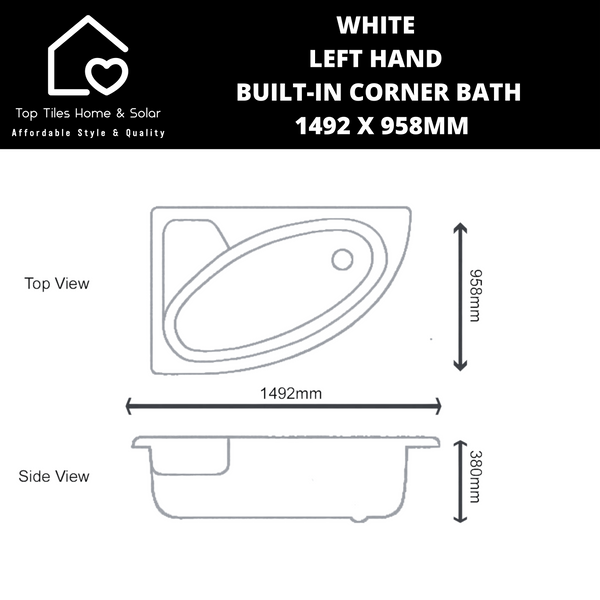 White Left Hand Built-In Corner Bath 1492 x 958mm