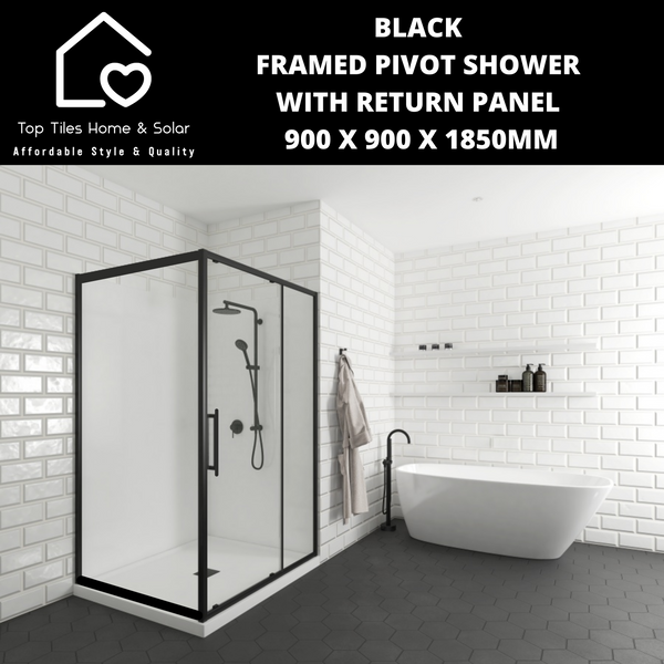 Black Framed Pivot Shower With Return Panel - 900 x 900 x 1850mm