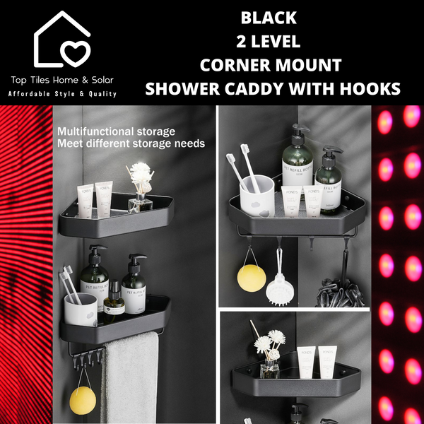 Black 2 Level Corner Mount Shower Caddy With Hooks