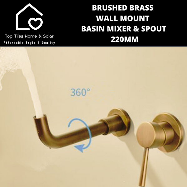 Brushed Brass Wall Mount Basin Mixer & Swivel Spout - 220mm