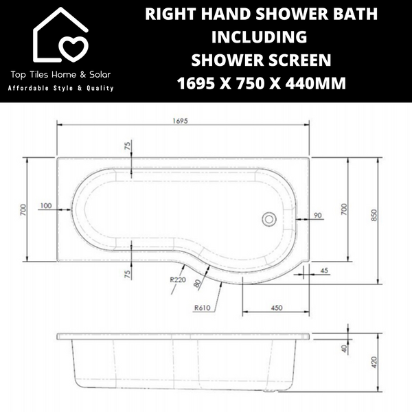 Right Hand Built-in Shower Bath + Glass Screen - 1695 x 750 x 440mm