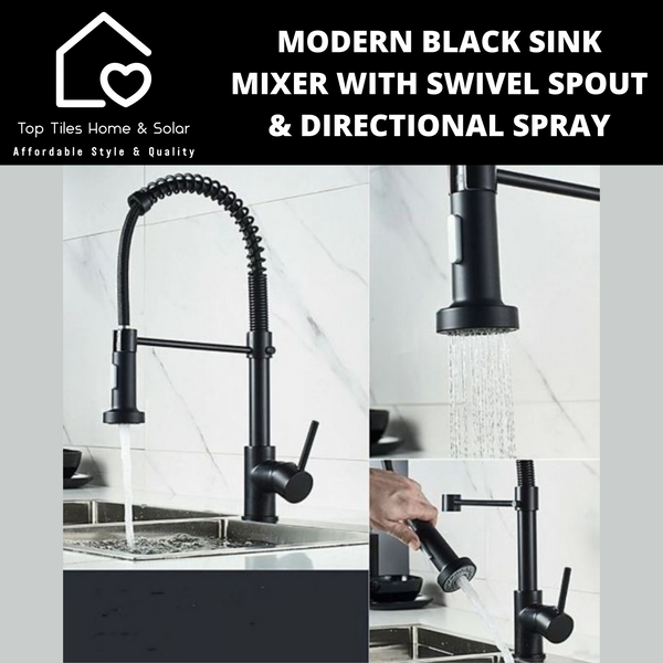 Modern Black Sink Mixer with Swivel Spout & Directional Spray