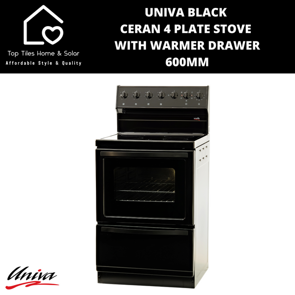 Univa Black Ceran 4 Plate Stove With Warmer Drawer - 600mm