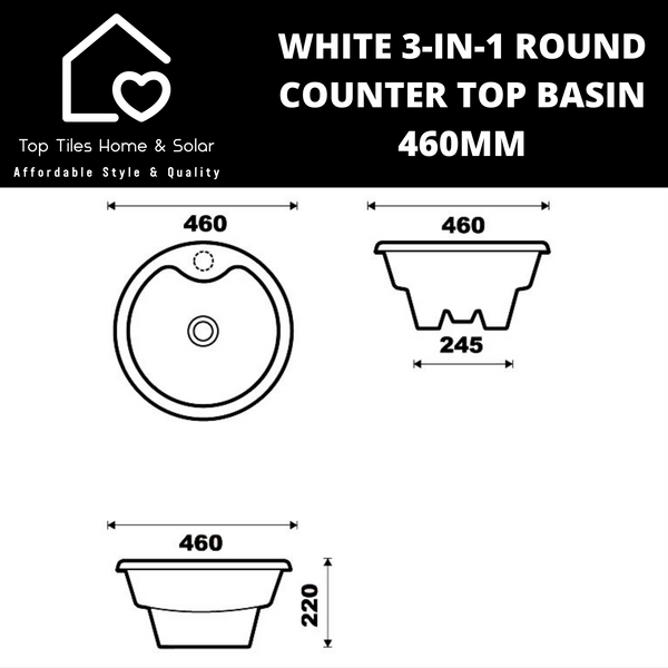 White 3-In-1 Round Counter Top Basin - 460mm