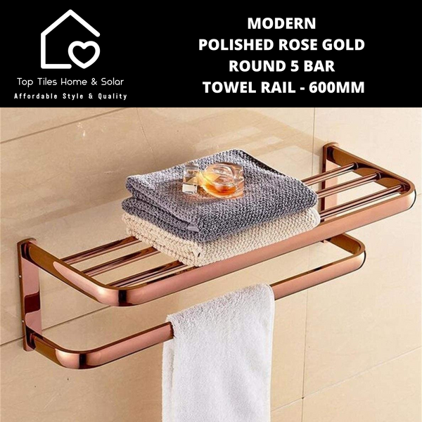 Modern Polished Rose Gold Round 5 Bar Towel Rail - 600mm