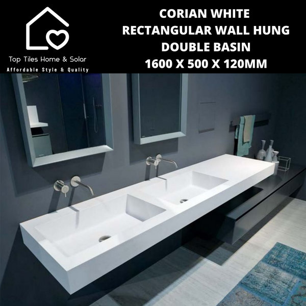 Corian White Rectangular Wall Hung Double Basin - 1600 x 500 x 120mm