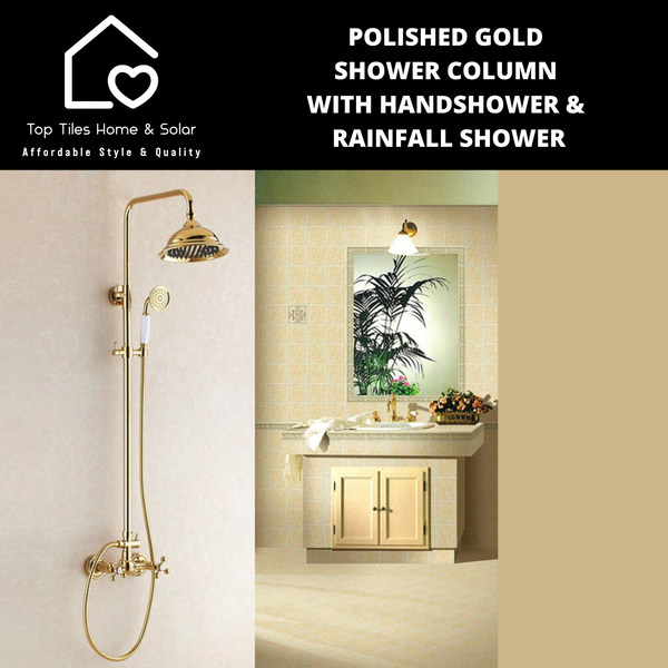 Polished Gold Shower Column With Handshower & Rainfall Shower