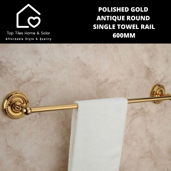 Polished Gold Antique Round Single Towel Rail - 600mm