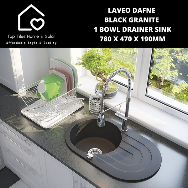 Laveo Dafne Black Granite 1 Bowl Drainer Sink - 510 x 205mm