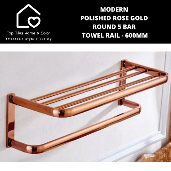 Modern Polished Rose Gold Round 5 Bar Towel Rail - 600mm