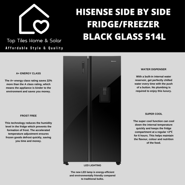 Hisense Side by Side Fridge with Mirror Glass - 514L Water Dispenser