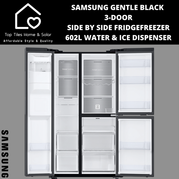 Samsung Gentle Black 3-Door Side by Side Fridge/Freezer- 602L Water/Ice Dispenser