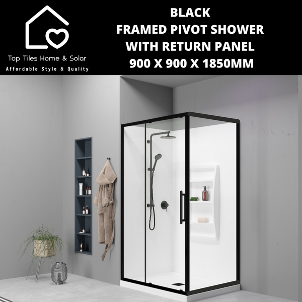 Black Framed Pivot Shower With Return Panel - 900 x 900 x 1850mm