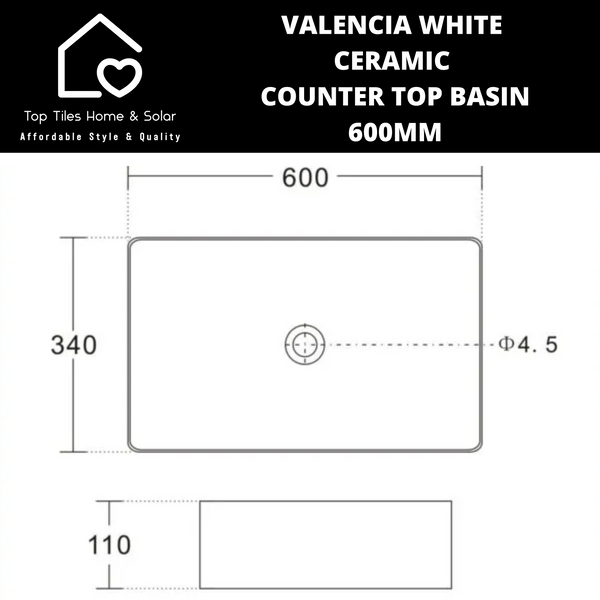 Valencia White Ceramic Counter Top Basin - 600mm