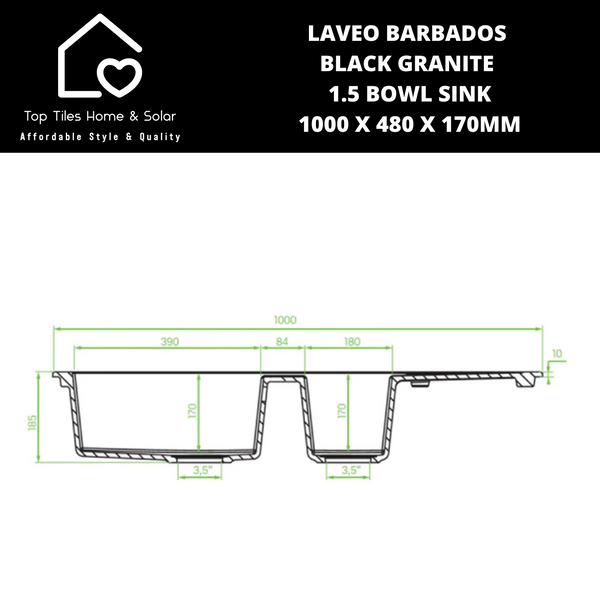 Laveo Barbados Black Granite 1.5 Bowl Sink - 1000 x 480 x 170mm