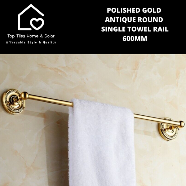 Polished Gold Antique Round Single Towel Rail - 600mm