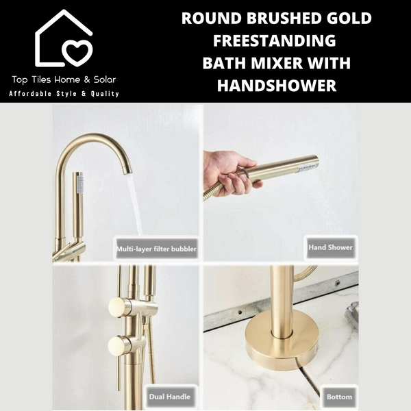 Round Brushed Gold Freestanding Bath Mixer With Handshower