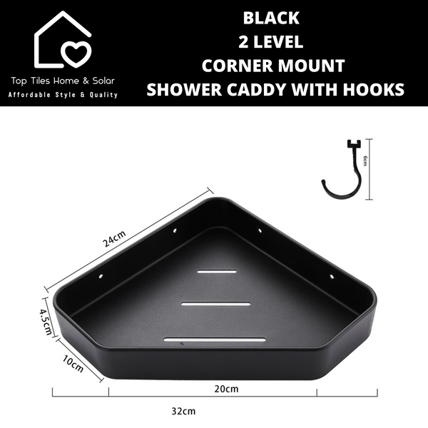 Black 2 Level Corner Mount Shower Caddy With Hooks