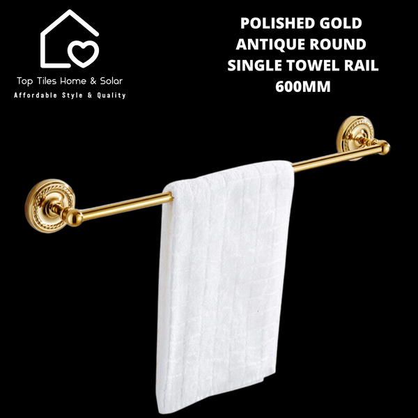 Polished Gold Antique Round Single Towel Rail - 600mm