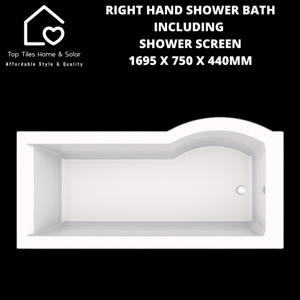 Right Hand Built-in Shower Bath + Glass Screen - 1695 x 750 x 440mm