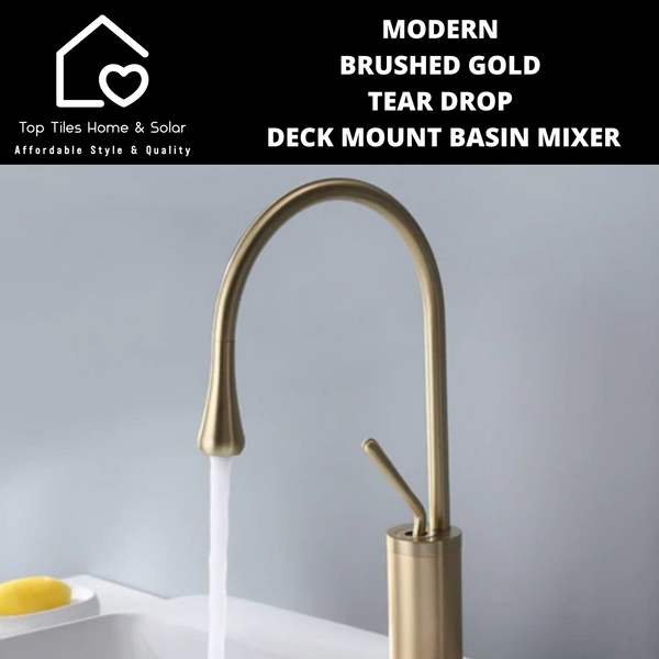 Modern Brushed Gold Tear Drop Deck Mount Basin Mixer