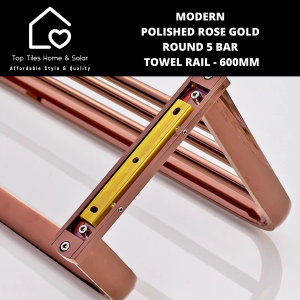 Modern Polished Rose Gold Round 5 Bar Towel Rail - 600mm