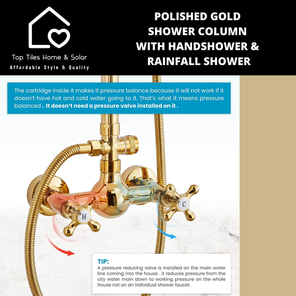 Polished Gold Shower Column With Handshower & Rainfall Shower