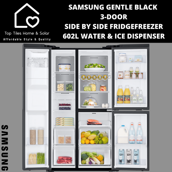 Samsung Gentle Black 3-Door Side by Side Fridge/Freezer- 602L Water/Ice Dispenser