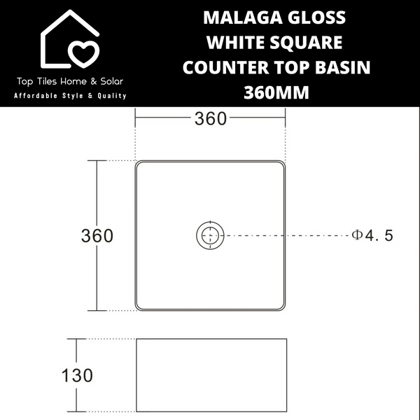 Malaga Gloss White Square Counter Top Basin - 360mm