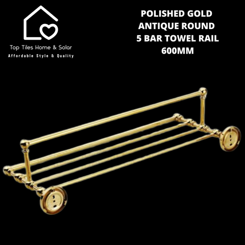 Polished Gold Antique Round 5 Bar Towel Rail - 600mm