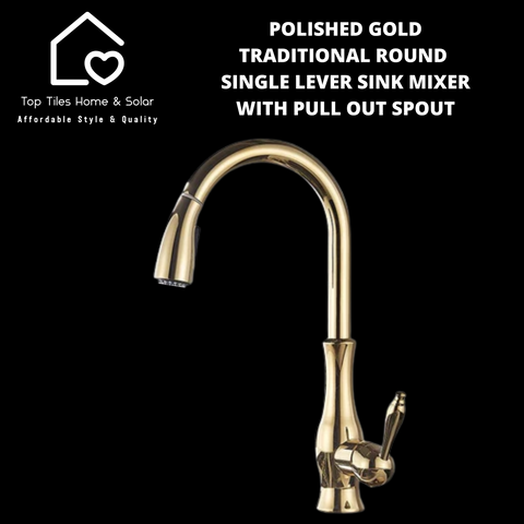 Polished Gold Traditional Round Single Lever Sink Mixer with Pull Out Spout