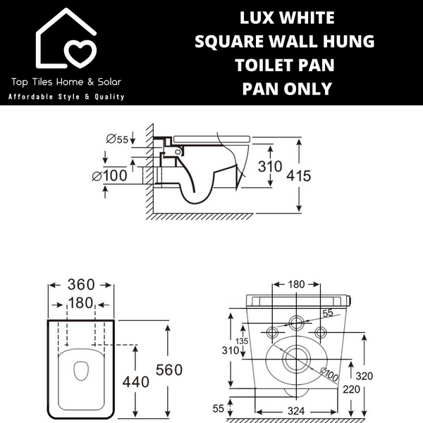 Lux White Squared Wall Hung Toilet Pan - Pan Only