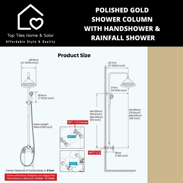 Polished Gold Shower Column With Handshower & Rainfall Shower