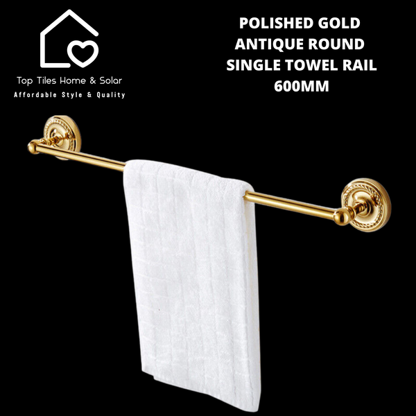 Polished Gold Antique Round Single Towel Rail - 600mm