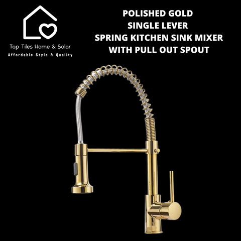 Polished Gold Single Lever Spring Kitchen Sink Mixer with Pull Out Spout