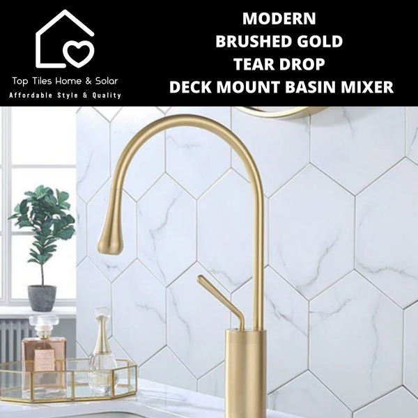 Modern Brushed Gold Tear Drop Deck Mount Basin Mixer