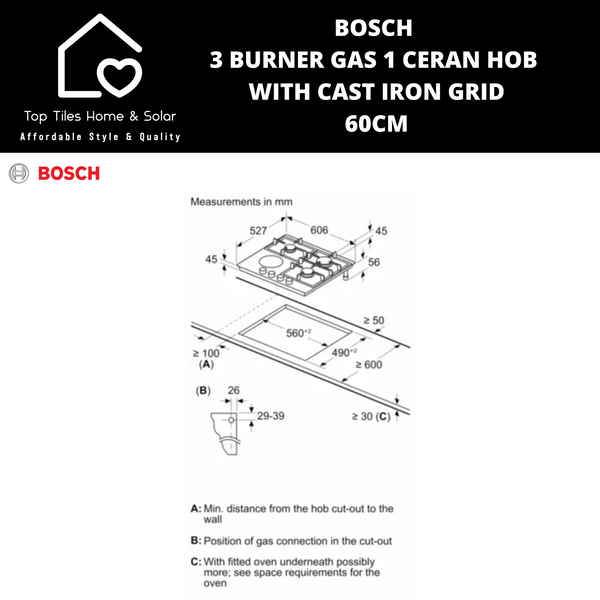 Bosch Series 8 - 3 Burner Gas 1 Ceran Hob with Cast Iron Grid - 60CM