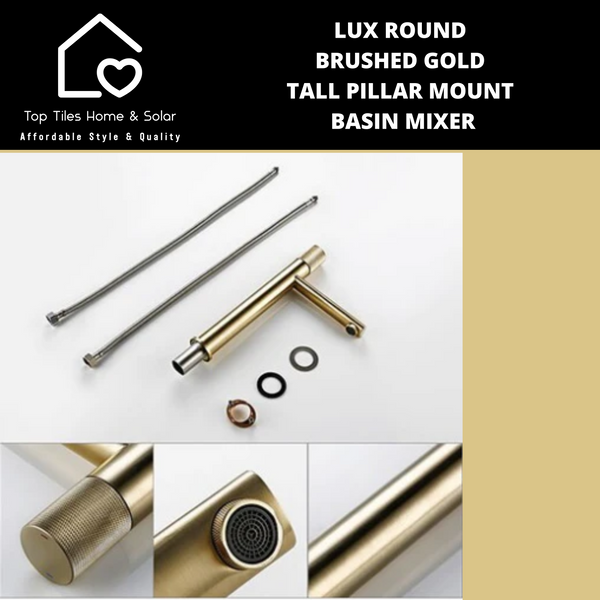 Lux Round Brushed Gold Tall Pillar Mount Basin Mixer