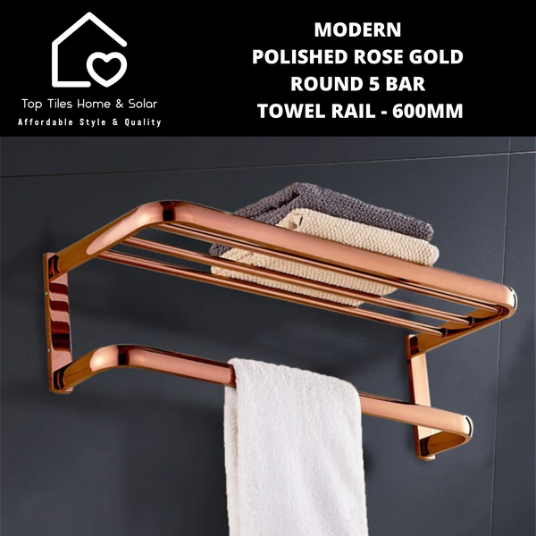 Modern Polished Rose Gold Round 5 Bar Towel Rail - 600mm