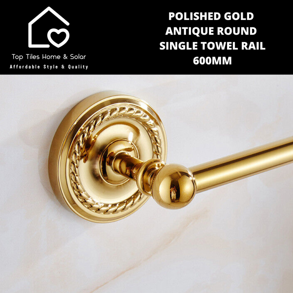 Polished Gold Antique Round Single Towel Rail - 600mm