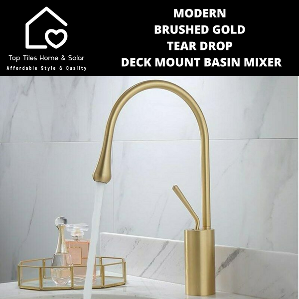 Modern Brushed Gold Tear Drop Deck Mount Basin Mixer