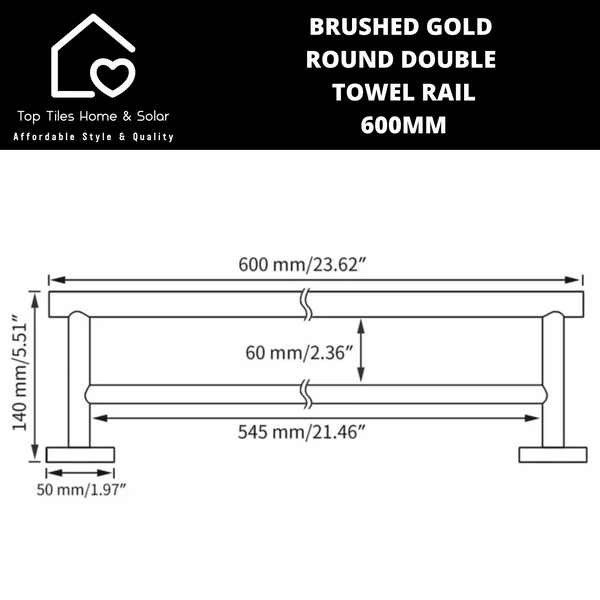 Brushed Gold Round Double Towel Rail - 600mm