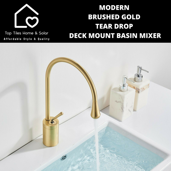 Modern Brushed Gold Tear Drop Deck Mount Basin Mixer