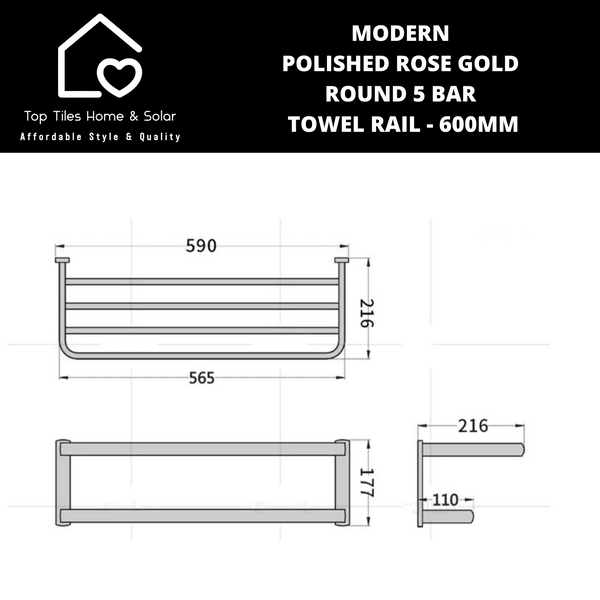 Modern Polished Rose Gold Round 5 Bar Towel Rail - 600mm