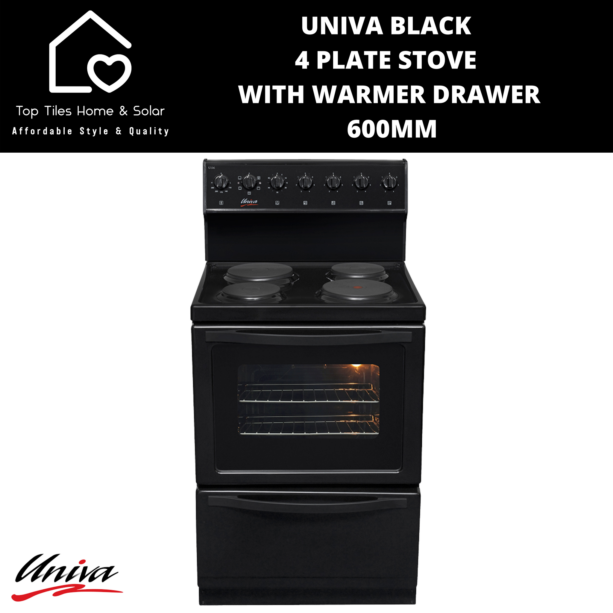 Univa Black 4 Plate Stove With Warmer Drawer - 600mm